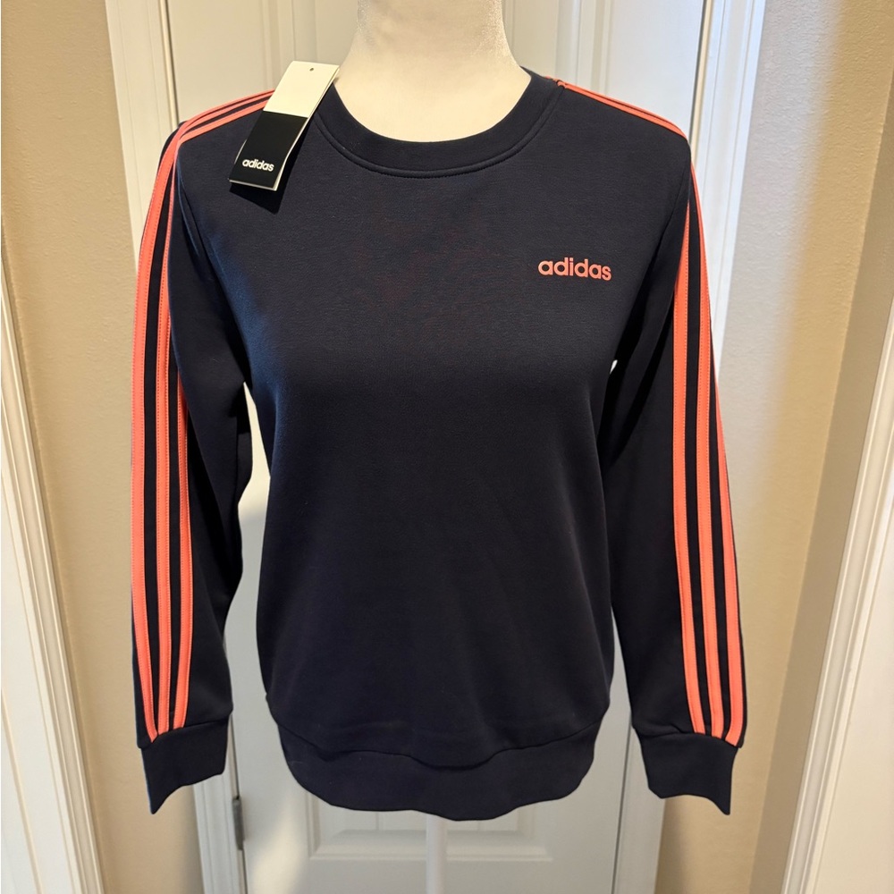 NWT ADIDAS WOMENS MEDIUM NAVY BLUE & CORAL PINK STRIPED SWEATSHIRT